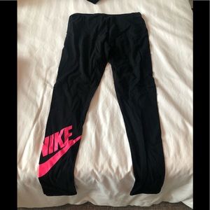 Black nike leggings. Cotton/stretchy hot pink logo